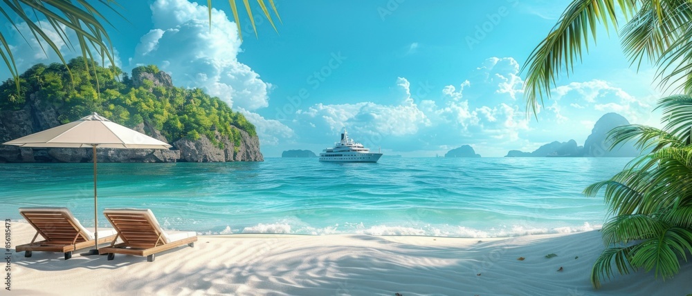 concept of relaxation on the ocean shore, white sand and palm leaves. concept of relaxation on the ocean shore, white sand and palm leaves.