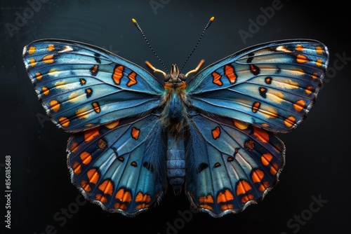 Blue Morpho Butterfly with Orange and Yellow Markings photo