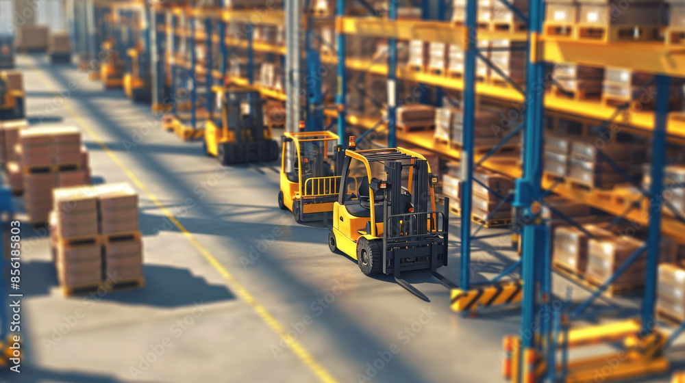 Forklifts busily navigate through an expansive warehouse with towering shelves, demonstrating the hustle and organization of warehouse productivity. Forklifts busily navigate through an expansive warehouse with towering shelves, demonstrating the hustle and organization of warehouse productivity.