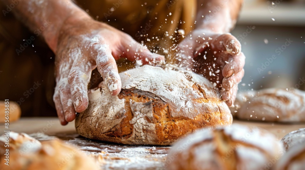 Baker sprinkling flour on a loaf of bread, with additional loaves in the background Baker sprinkling flour on a loaf of bread, with additional loaves in the background