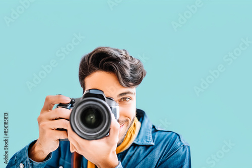Young latin man taking a photo with his camera, copy space. Isolated on blue background. Concept hobbies, occupation and August 19 World Photography Day.
