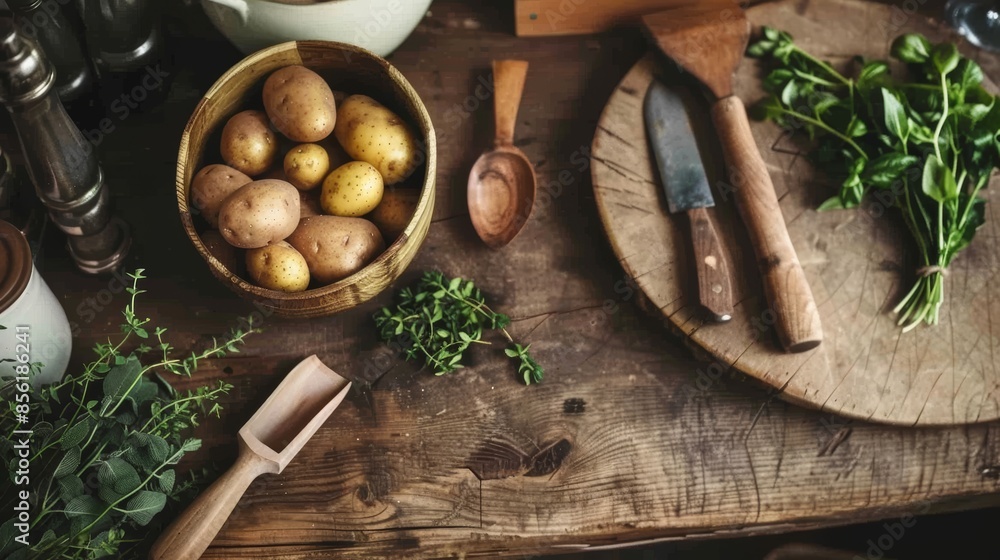 Cozy Rustic Kitchen Scene for Homemade Meal Preparation with Fresh Potatoes and Herbs