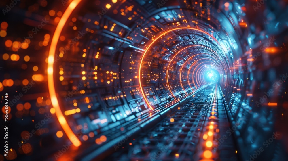A high-tech lab features teleportation effects, with shimmering lights and particles indicating the arrival and departure of objects. The visual display highlights the futuristic and experimental A high-tech lab features teleportation effects, with shimmering lights and particles indicating the arrival and departure of objects. The visual display highlights the futuristic and experimental