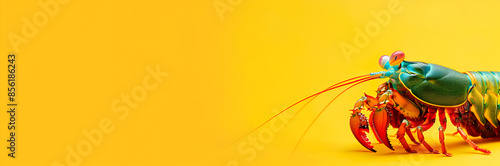 Vibrant mantis shrimp web banner. Mantis shrimp isolated on yellow background with copy space. photo