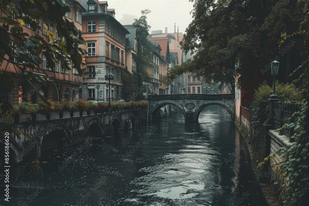 Fototapeta premium Charming European Canal with Scenic Bridges and Historic Buildings for Timeless Travel Posters