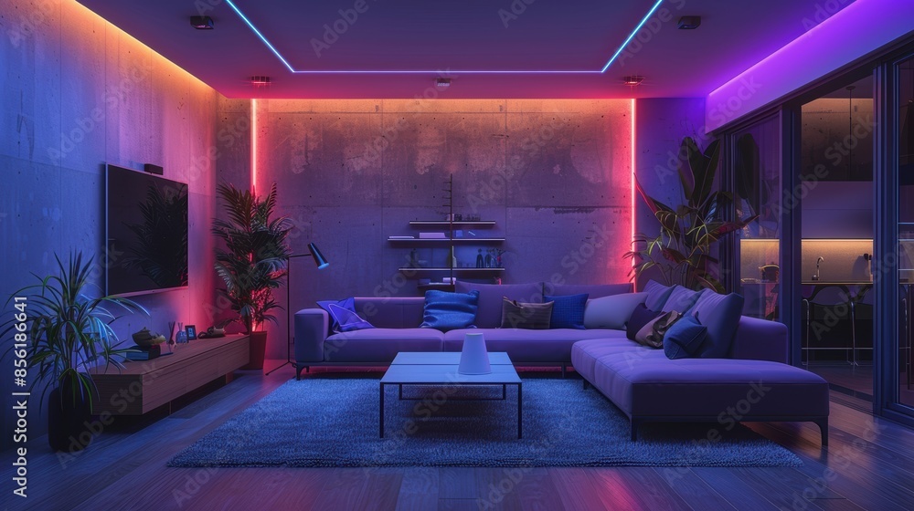 A sleek and contemporary living room with neon accents, creating a minimalist and sophisticated atmosphere. The photo offers ample copy space, perfect for adding custom messages or branding.