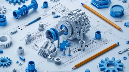 Concept showing the design process of a complex gearbox using a technical blueprint and 3d printed prototypes