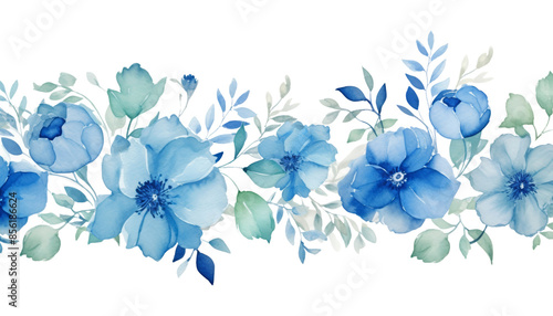 Fototapeta Naklejka Na Ścianę i Meble -  blue roses border watercolor isolated on transparent background cutout