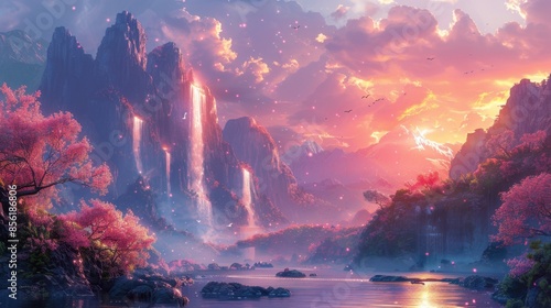 A breathtaking fantasy world emerges with towering crystal spires and floating islands bathed in ethereal light. Vibrant, otherworldly flora and fauna populate the landscape, creating a sense of photo