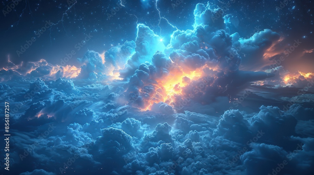 An epic sky filled with towering cumulonimbus clouds, their volumetric forms lit from within by flashes of lightning. The dynamic cloud formations add a sense of power and drama to the stormy An epic sky filled with towering cumulonimbus clouds, their volumetric forms lit from within by flashes of lightning. The dynamic cloud formations add a sense of power and drama to the stormy