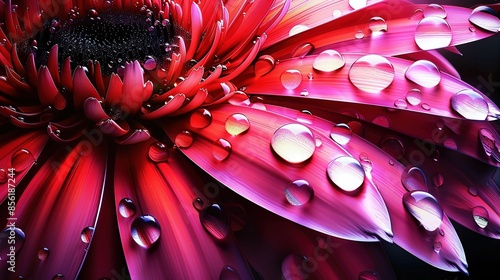   Red flower with drops of water on its petals against a black background