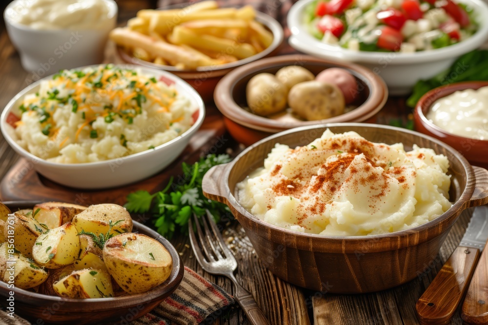 Homemade Potato Feast in Cozy Kitchen - Rustic Wooden Table with Mashed, Baked, and Fried Potatoes Homemade Potato Feast in Cozy Kitchen - Rustic Wooden Table with Mashed, Baked, and Fried Potatoes