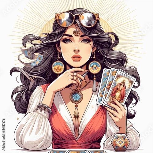 watercolor illustration of beautiful woman with magical tarot cards