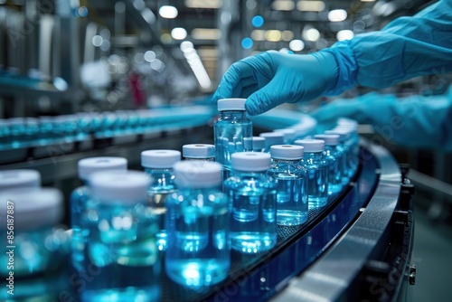 Pharmacist scientist technician wearing a full protective suit and gloves handling small vials on an assembly line in a sterile, high-tech pharmaceutical manufacturing facility.
