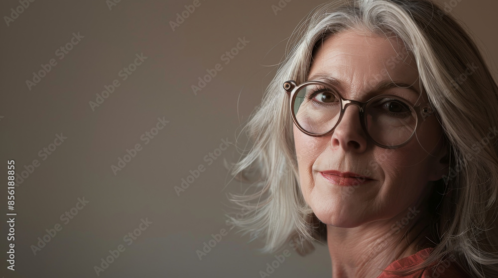 Close-up portrait of a thoughtful elderly woman with gray hair and glasses, softly gazing ahead against a simple brown background. Close-up portrait of a thoughtful elderly woman with gray hair and glasses, softly gazing ahead against a simple brown background.
