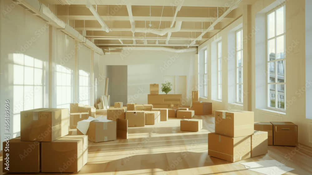 An expansive, sunlit room packed with moving boxes, capturing the energy and anticipation of relocating and the promise of new beginnings. An expansive, sunlit room packed with moving boxes, capturing the energy and anticipation of relocating and the promise of new beginnings.