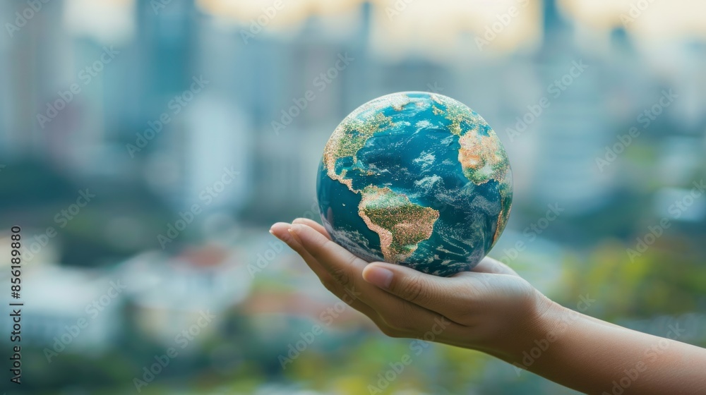 Hand holding a small globe with cityscape background symbolizes global awareness and environmental responsibility Hand holding a small globe with cityscape background symbolizes global awareness and environmental responsibility