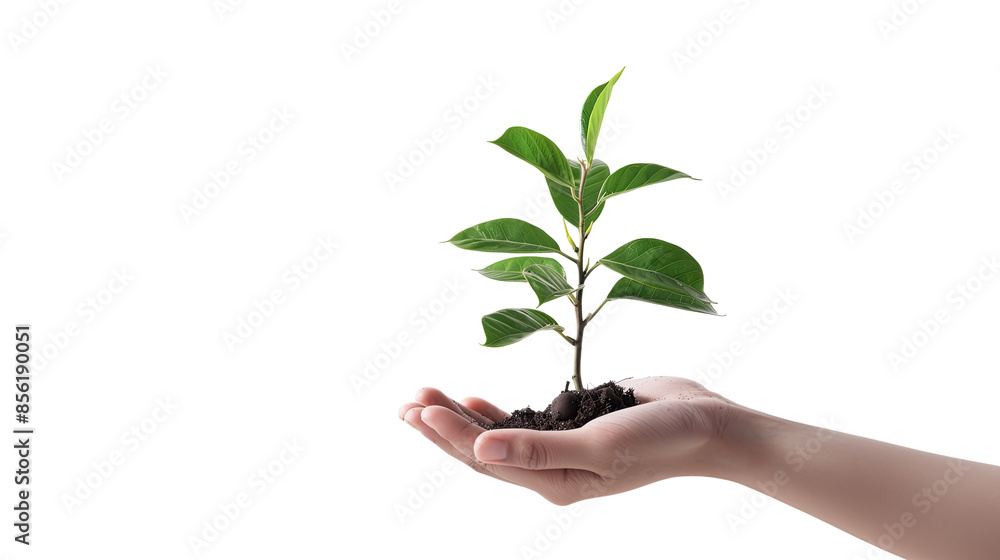 ficus benjamina plant in hand with soil, transparent ficus benjamina plant in hand with soil, transparent