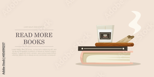 Stack of books with a candle and stick incense on a beige background, illustration promoting reading, light style. Vector illustration