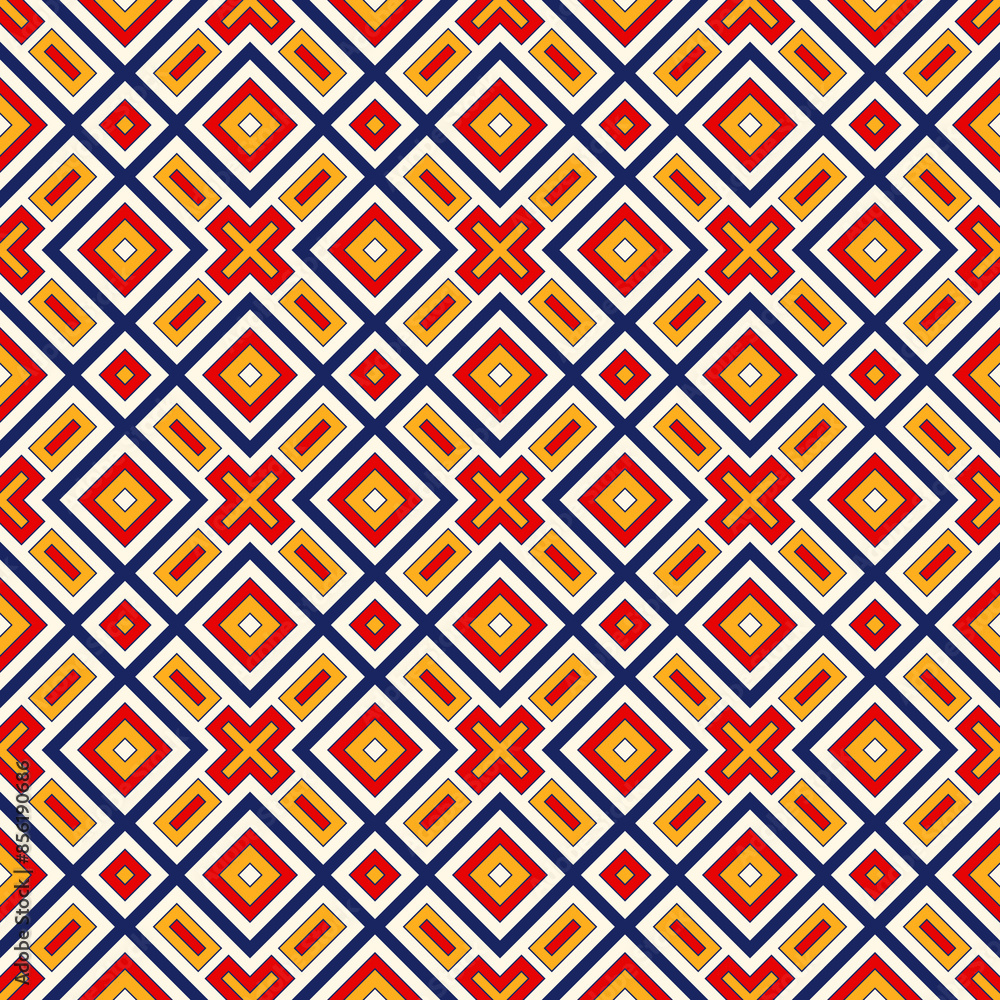 Bright ethnic abstract background. Seamless pattern with symmetric geometric ornament. Ornamental vivid wallpaper. Vector illustration Bright ethnic abstract background. Seamless pattern with symmetric geometric ornament. Ornamental vivid wallpaper. Vector illustration
