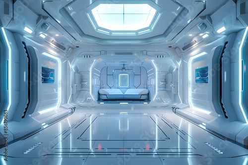 A symmetrical room with a futuristic electric blue bed in the center, inspired by automotive design. The luxury vehiclethemed art and automotive lighting add to the sleek and modern aesthetic photo