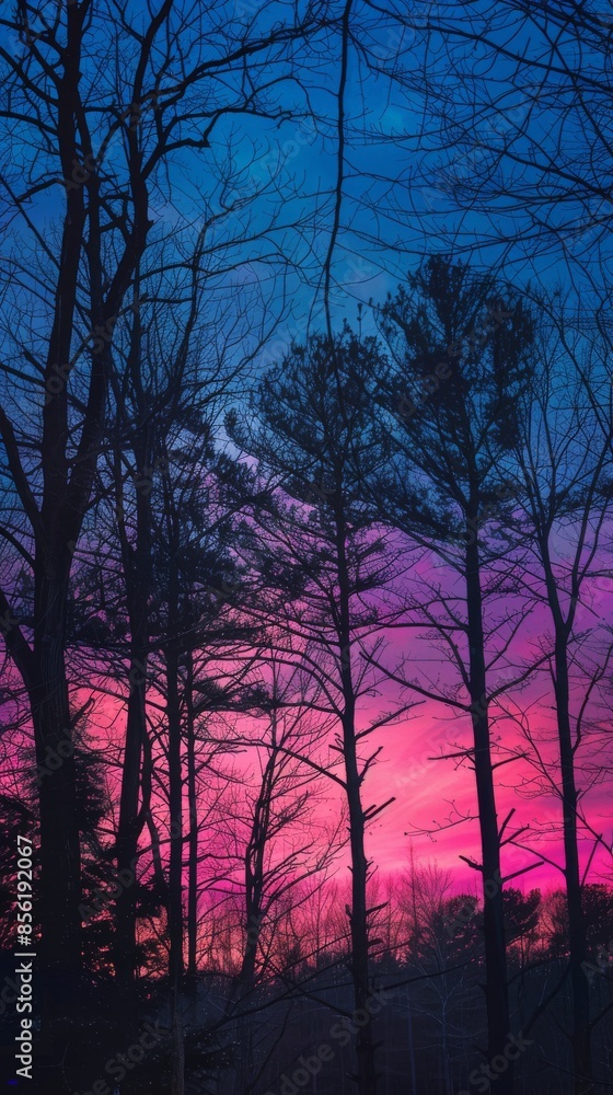 Trees silhouetted against a vibrant sunset sky with pink and blue hues, tranquil nature scene Trees silhouetted against a vibrant sunset sky with pink and blue hues, tranquil nature scene