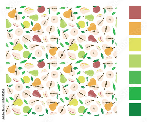 Seamless endless pattern of apples and pears. Illustration in hand drawn style. Can be used to create packaging, covers, backgrounds, cards, textiles, clothing, souvenirs and much more.