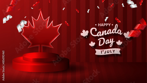 Happy Canada day vector banner greeting card Canadian wavy flag in 1st of July with podium