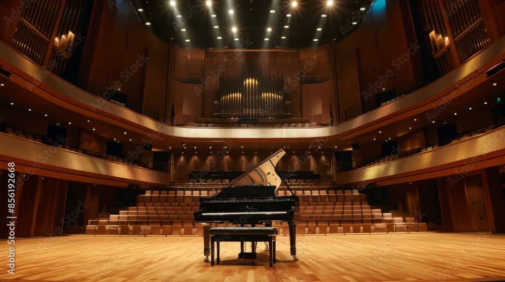 Obraz premium A black grand piano sits on a wooden stage in an empty concert hall, illuminated by spotlights. The stage is surrounded by empty seats and a large pipe organ is visible in the background.