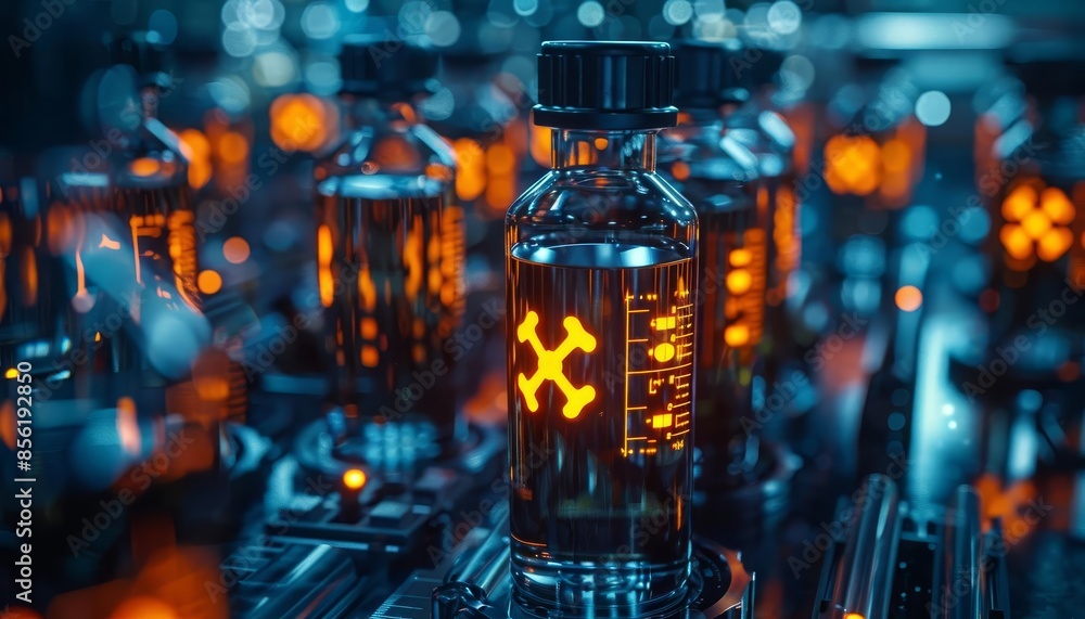 Biohazard icon in research lab, biotech theme, top view, focusing on biological dangers, cybernetic tone, Monochromatic Color Scheme Biohazard icon in research lab, biotech theme, top view, focusing on biological dangers, cybernetic tone, Monochromatic Color Scheme