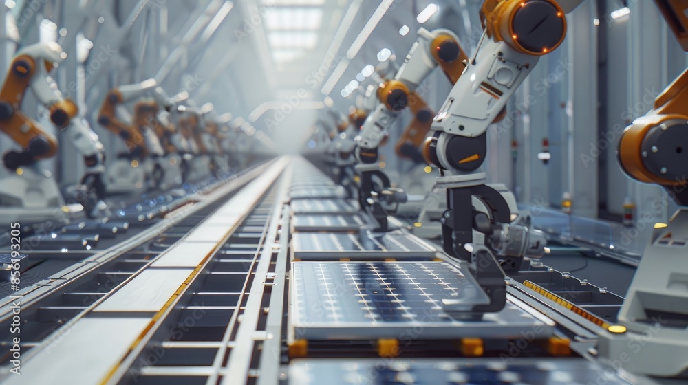 Advanced robotic arms in a state-of-the-art factory, assembling solar panels for renewable energy solutions Advanced robotic arms in a state-of-the-art factory, assembling solar panels for renewable energy solutions