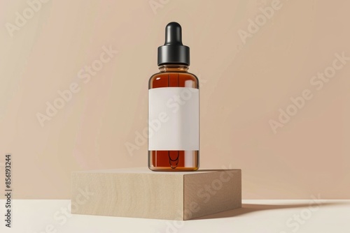 amber dropper bottle mockup with blank white label and rectangular box isolated on light background photo