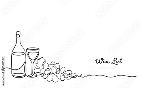 Bottle of wine with wineglass and grape bunch in continuous line art drawing style. Wine list. Minimalist black linear sketch isolated on white background. Vector illustration