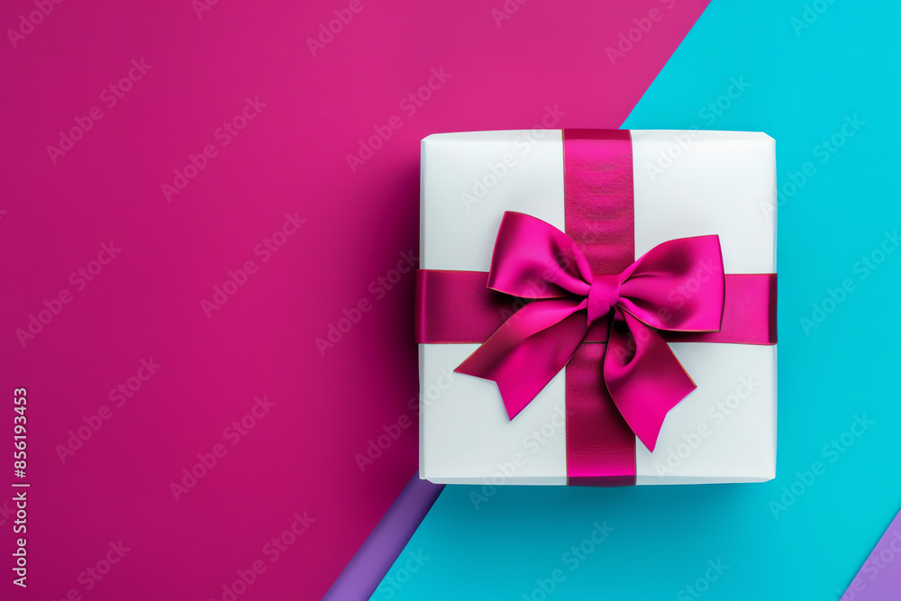 Gift box with a bow on a colorful background, top view with copy space Gift box with a bow on a colorful background, top view with copy space