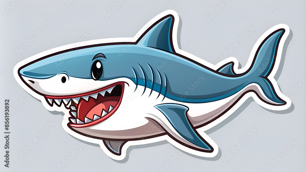 Shark 2D flat cartoon sticker. The illustration shows sharp shark teeth and predatory symbols.
Shark 2D flat cartoon sticker. The illustration shows sharp shark teeth and predatory symbols.