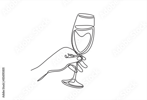 Continuous one line drawing. Hand cheering with glass of champagne. Vector illustration