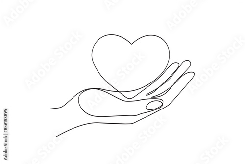 Continuous one line drawing hand holding heart. Charity donation linear symbol. Vector isolated on white background