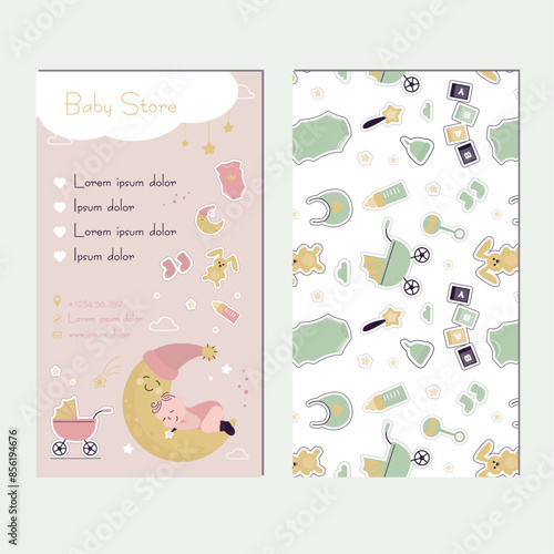 Two sides of a kids shop business card, template. Visit card with baby things, moon, toys and pram Doodle sketch style. Design for baby store. Retail marketing,