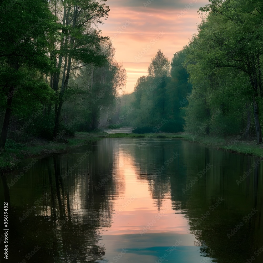 Sunrise over the river, green trees, fresh air, light reflections over the river surface. Sunrise over the river, green trees, fresh air, light reflections over the river surface.