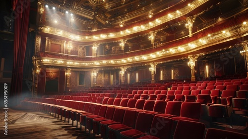 A view of an empty theater with red velvet seats and ornate gold detailing. Spotlights illuminate the stage and balcony, creating a dramatic atmosphere.