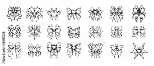 Doodle bow icon ribbon collection set, vintage cute vector hand drawn hair girly decor accessory. Feminine romantic tattoo sketch, line bowknot cartoon design. Doodle bow festive heart brooch clipart