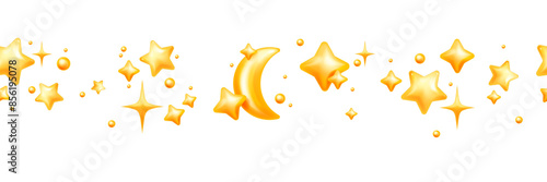 3D star seamless border, vector plastic night sky frame, yellow y2k trendy lunar holiday moon banner. New Year Christmas festive shapes, sparkle ray, children cartoon decoration. Cosmic 3D star border