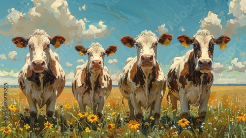 Four Cows in a Field of Flowers photo