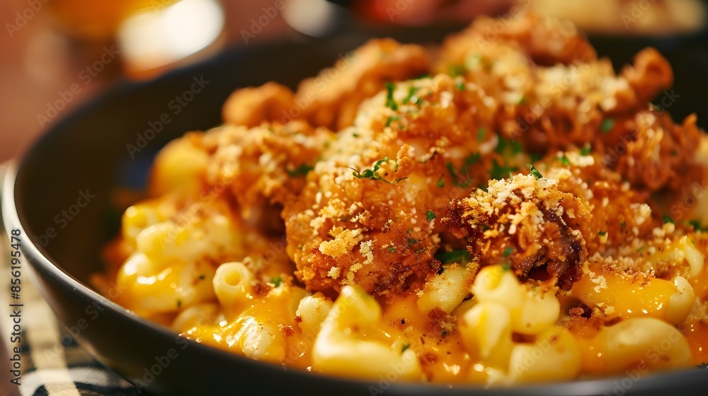Fried chicken on mac and cheese at a restaurant photography close up Fried chicken on mac and cheese at a restaurant photography close up