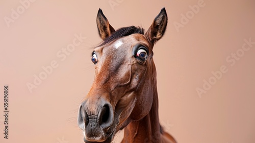 Studio portrait of a horse with a visibly startled and shocked expression captured in a moment