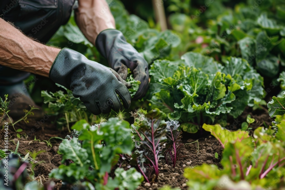 Gardener Wearing Gloves Tending to Vegetable Patch in Lush Garden - Perfect for Gardening Content or Print Gardener Wearing Gloves Tending to Vegetable Patch in Lush Garden - Perfect for Gardening Content or Print