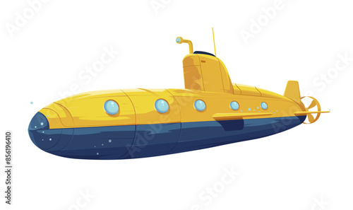 Yellow and blue submarine with portholes, on a white background. Concept of underwater exploration. Vector illustration