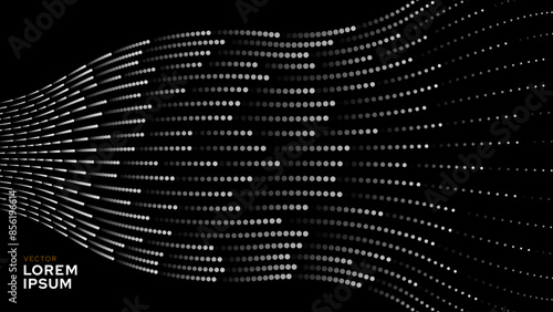 Abstract Digital Mosaic Dots Halftone Tech Background Pattern. White Dots Moving Fast. Hi-Tech Minimal Technology Design Texture. Digital Data Flow Transfer. Vector Illustration.
