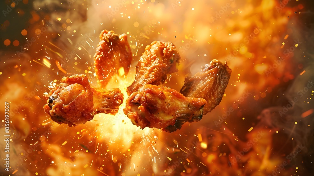 Spicy Flaming Fried Chicken On Firey Background Symbolizing Heat And Spice Spicy Flaming Fried Chicken On Firey Background Symbolizing Heat And Spice