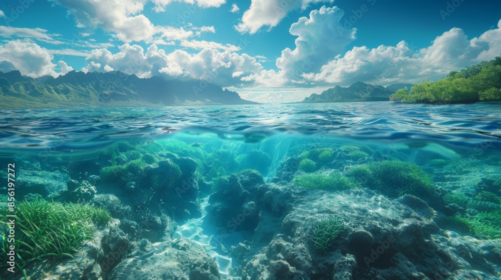 Underwater Coral Reefs with Mountainous Horizon Underwater Coral Reefs with Mountainous Horizon
